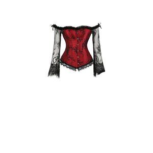 Gothic Red & Black Lace Off-Shoulder Corset Top Bell Sleeves Bustier Blouse 7XL